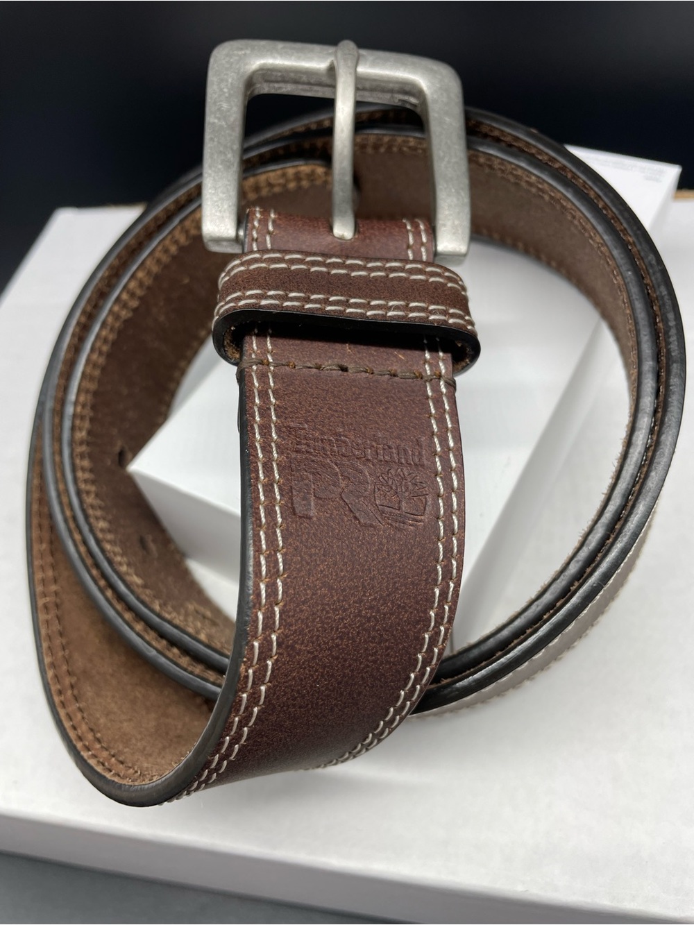 Timberland Pro Brown Leather Double Row Stitched Men's Belt with Brushed Buckle